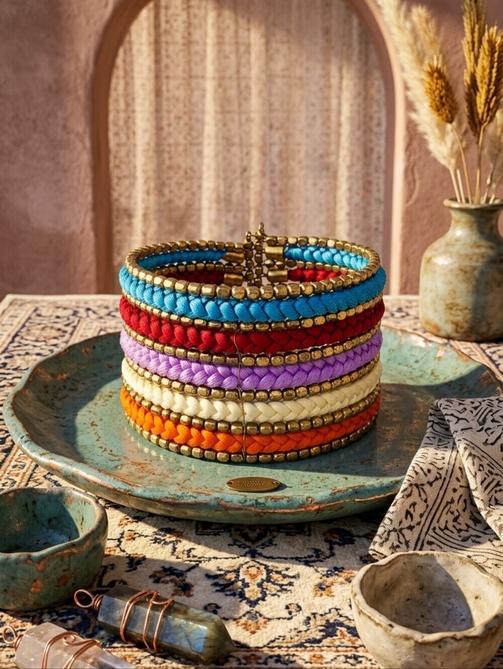 Colorful Braided Cuff Bracelet Wide Coil Metallic Bead Boho Handmade India 2.5"